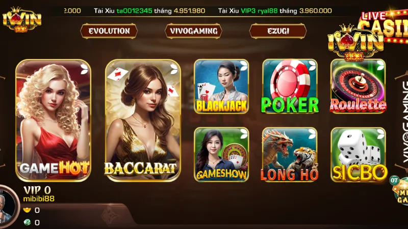 Các tựa game hot nhất tại sảnh Casino Live Iwin